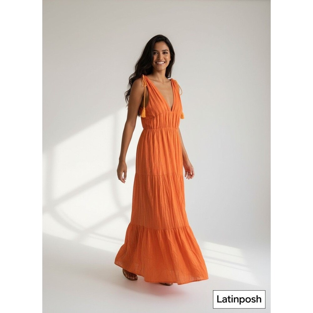 Few Moda o.p.t Dress Womens S Orange V Neck Tie Tassel Maxi Boho Summer Dress